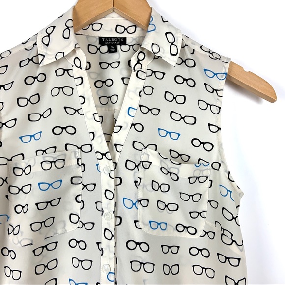 Talbots Nantucket Top Ivory Glasses Print Petite S - Picture 4 of 6